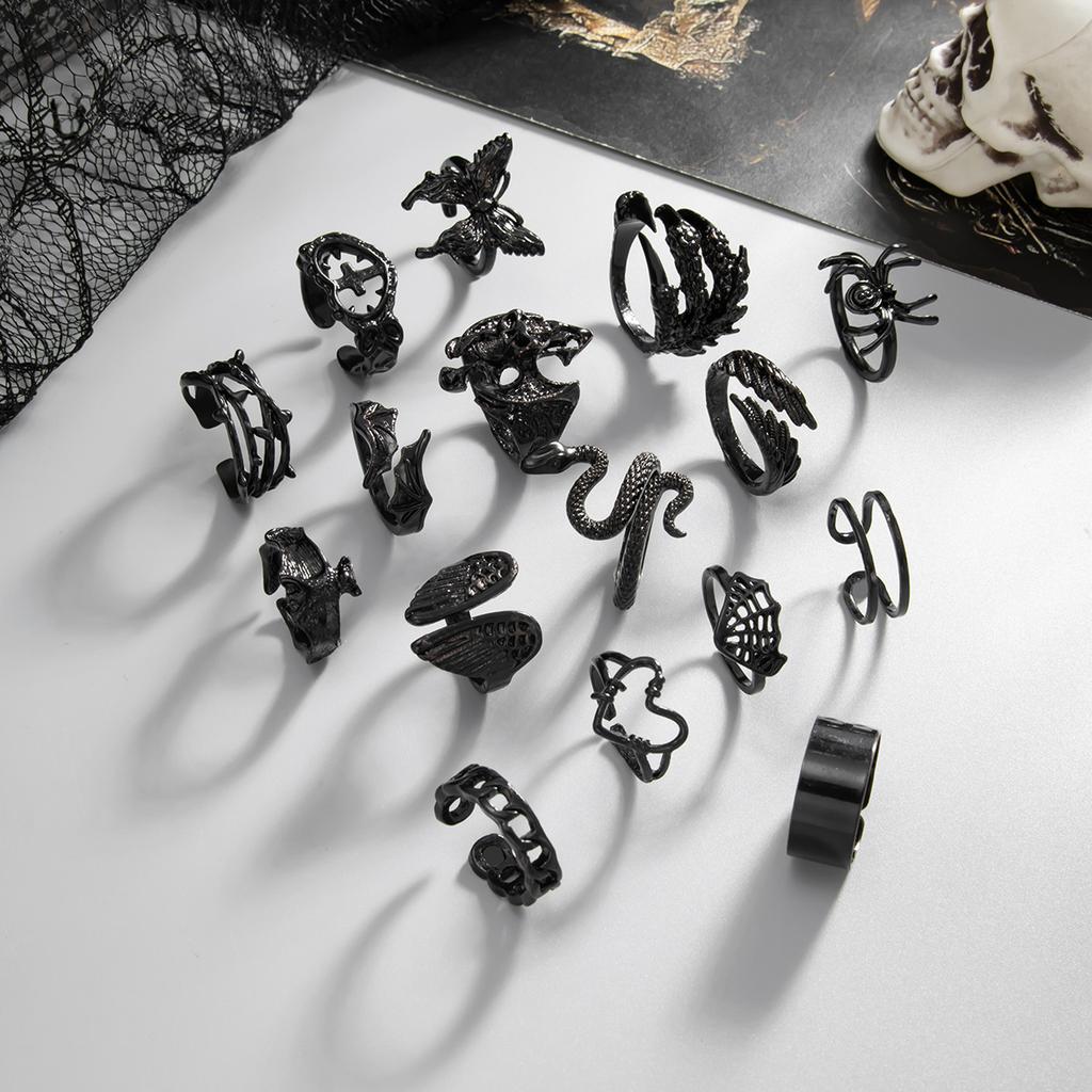 Halloween Jewelry Irregular Black Finger Rings Gothic Punk Black Snake Buttefly Spider Bat Heart Rings Set for Women Men