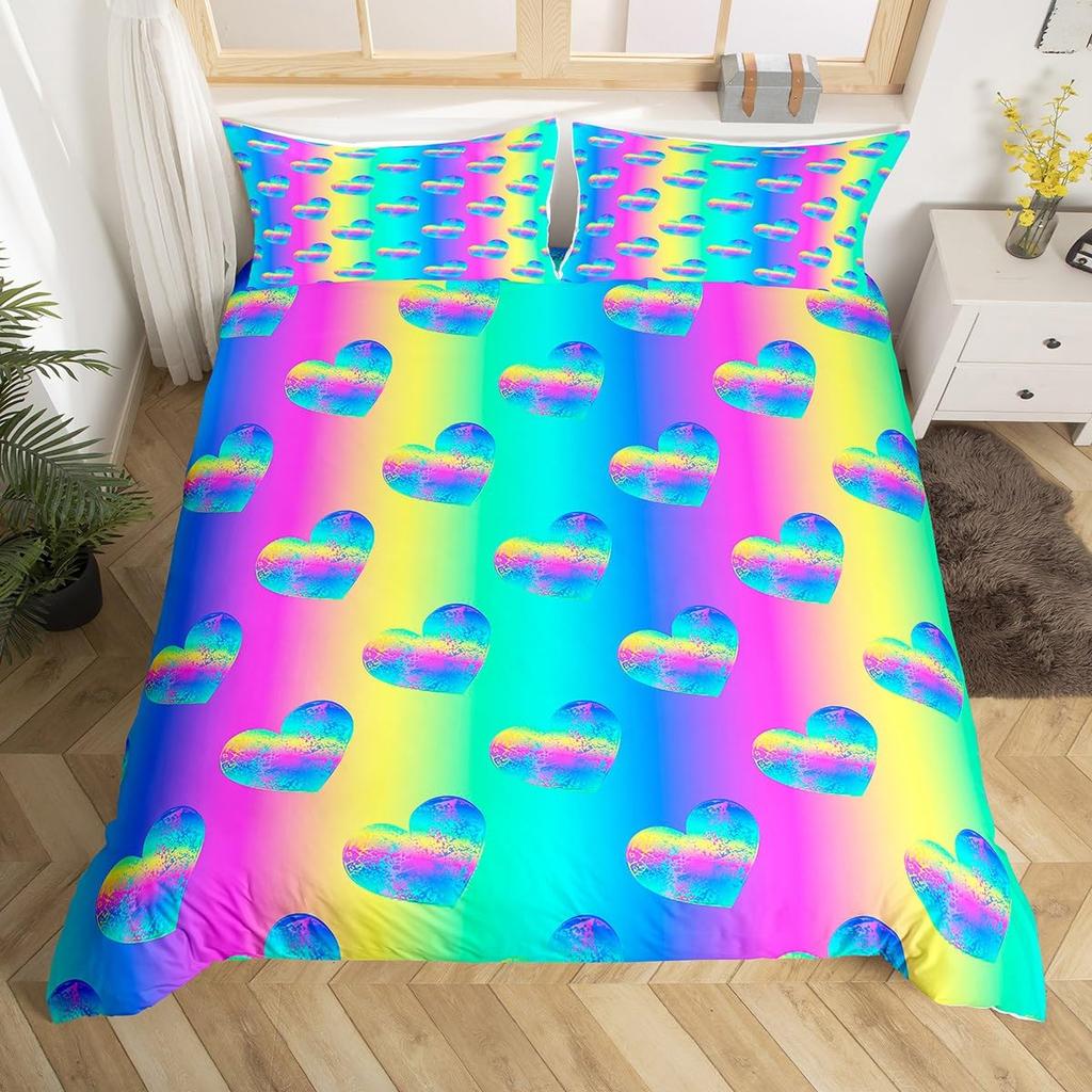 Colorful Rainbow Heart Duvet Cover Sets For Kids Boys Girls Queen Lightweight Quilt Covers Love Heart Bedding Sets Bedroom Decor