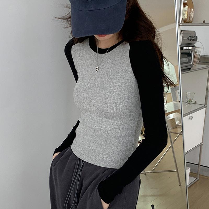 High-quality Fine Threaded Cotton Autumn New Bottoming Shirt Women's Long-sleeved T-shirt Color Matching Retro Contrasting Versatile Top