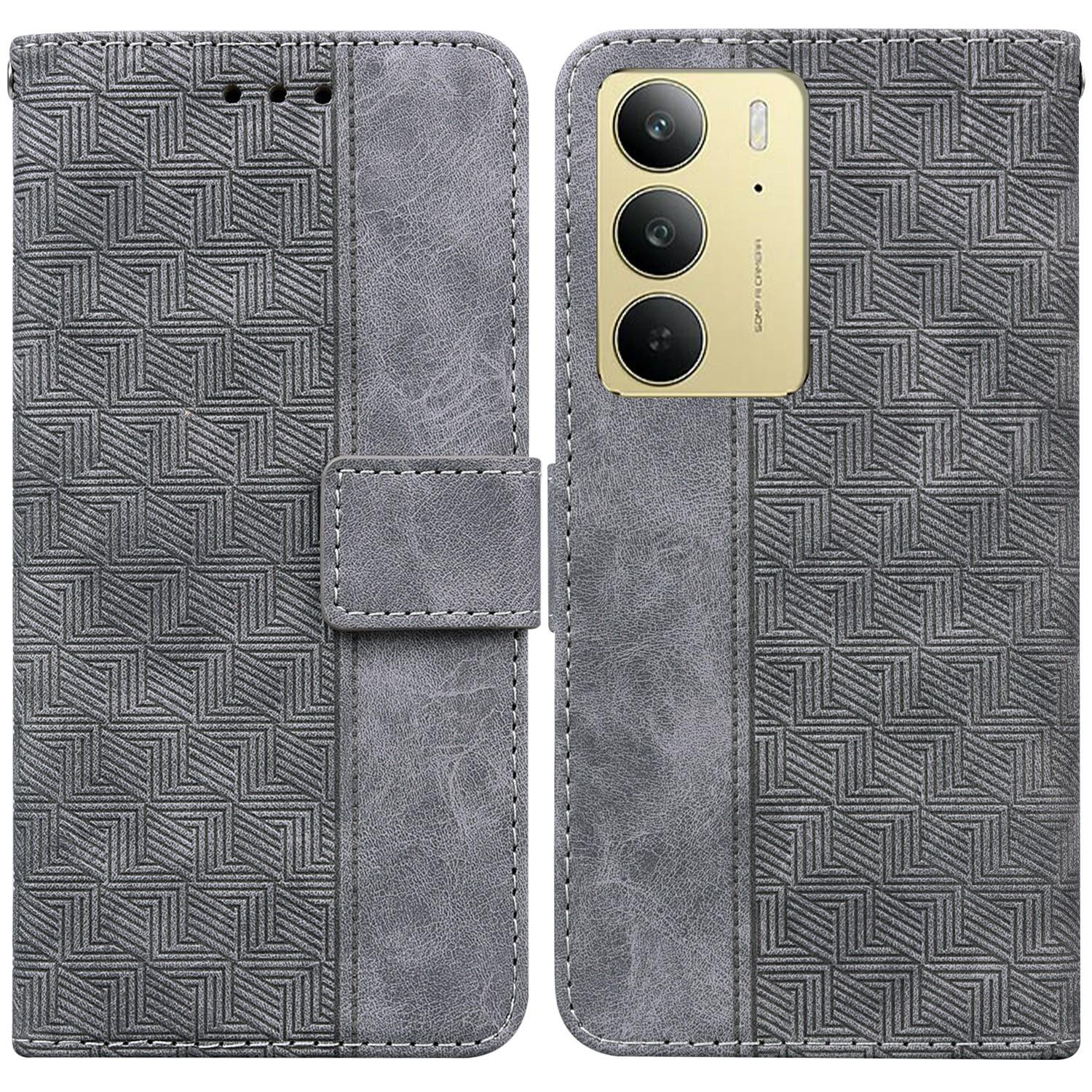 

For Realme C75 4G Case Geometry Pattern Leather Wallet Phone Cover with Wrist Strap Grey