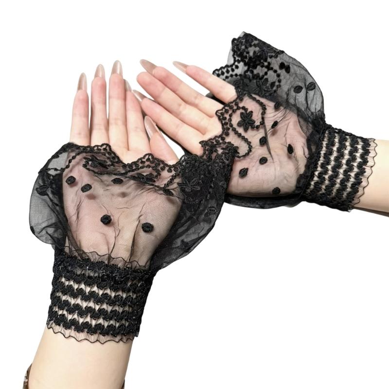 Sheer Embroidered Fingerless Wrist Cuffs Pair for Women, Lace Sleeves with Flared Cuff for Weddings and Photo Styling Use