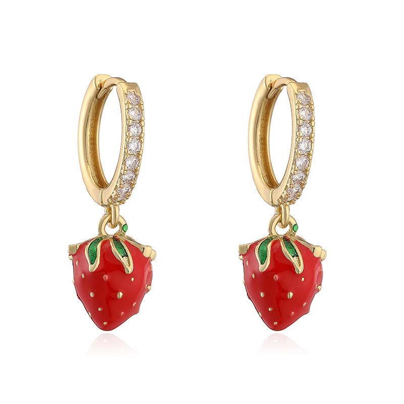 HECHENG,Fruit Party Sweet Cute Strawberry Cherry Shape Pendant Brass Earrings Women's Fashion Jewellery 1 Pair