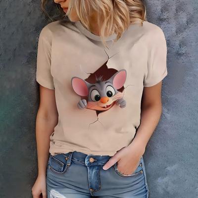 Cute and Playful Mouse/cat Print Womens T Shirt Catching Casual Fashion Women's Summer Short Sleeved T-shirt