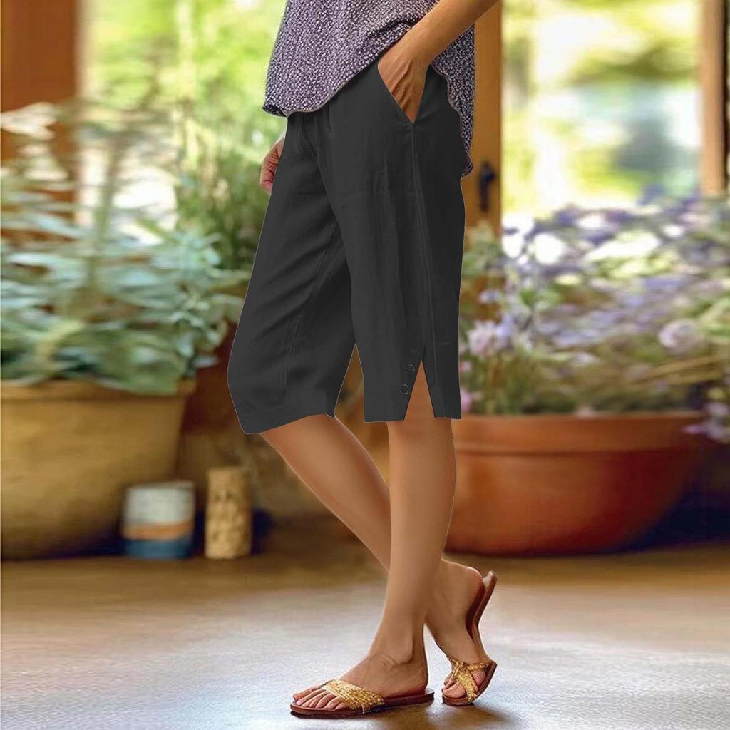 Pants For Women Casual Summer Solid Color Elastic High Waist Cotton And Linen Loose  Pants Drawstring Pocket Mid Leg Pants