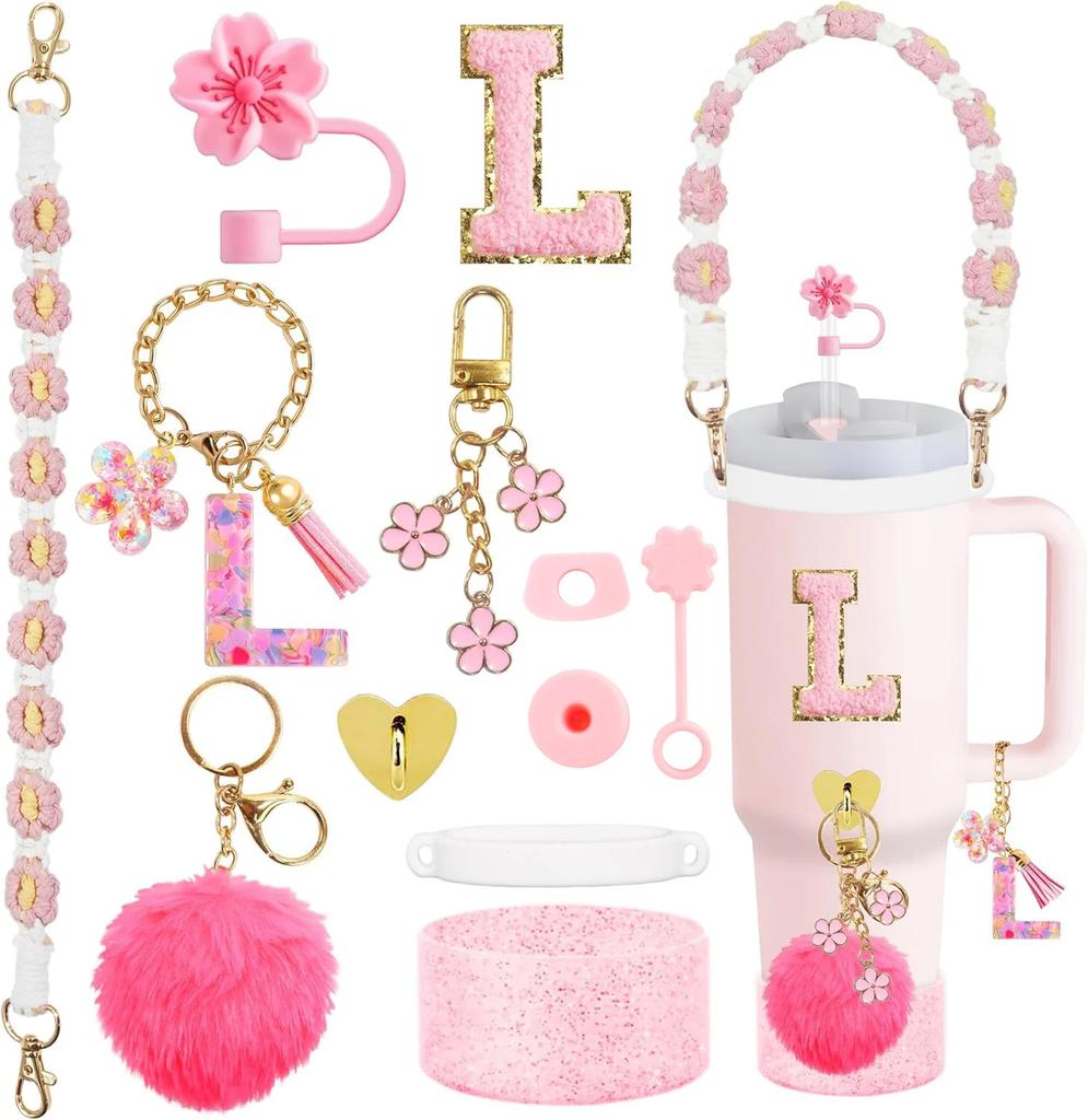 12PCS Cup Accessories for Stanley Cup,Straw Cover Cap 30oz 40oz Water Bottle Handle Strap,Boot,Chains,Personalized Sticker