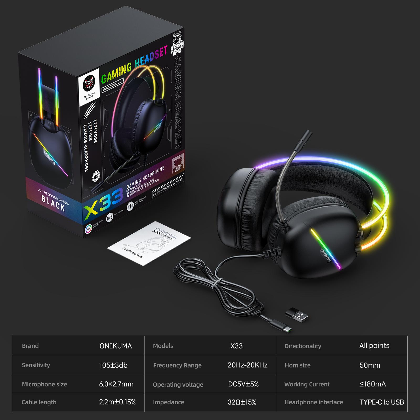 

ONIKUMA X33 Head-Moding RGB Sports Проводная игровая гарнитура, USB Type-C, RGB-подсветка, 50-мм драйвер, всенаправленный микрофон Package size:22*22*12cm чёрный