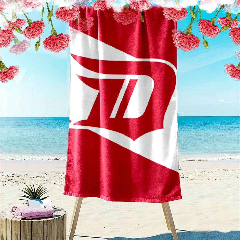 Bold Red "D" Logo on Dynamic Background Patterned beach towel quick dry perfect for travel outdoor sports jogging the beach and swimming