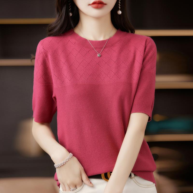 Gestricktes T-Shirt Damen Frühling und Sommer Rundhals Diamantloch Kurzarm Damenmode Gestrickt Halbarm Damen Oberteil