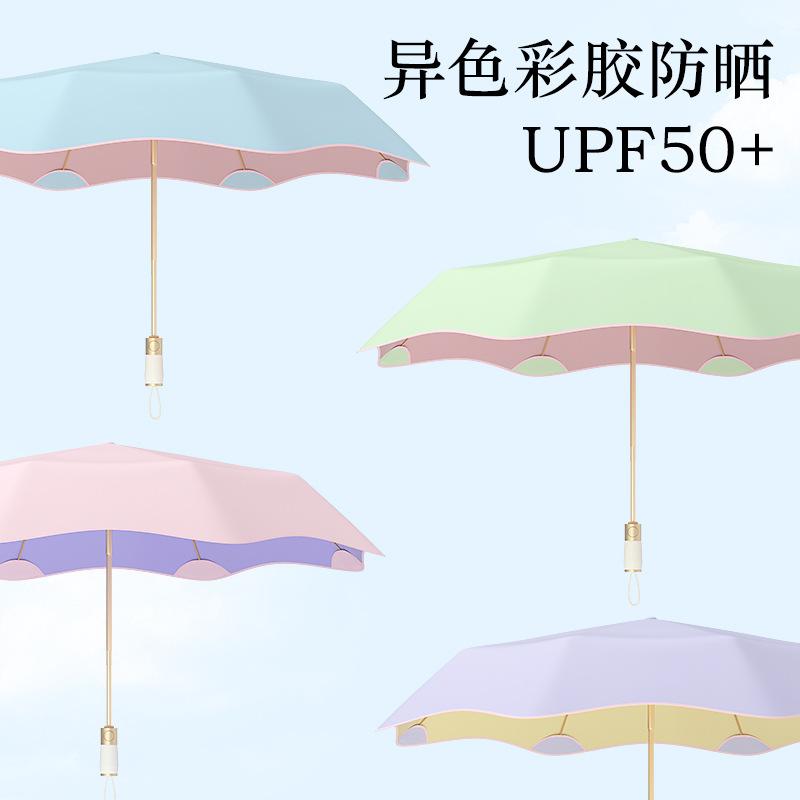 Fully automatic rounded corner anti-poke and anti-rebound section folding umbrella for women, folding sunshade umbrella with colored rubber,