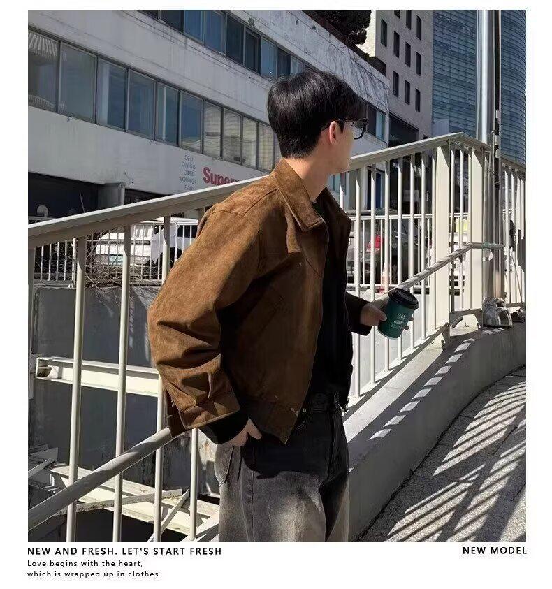 Korean Men's Suede Lapel Zipper Jacket - Autumn/Winter Hong Kong Style Trend