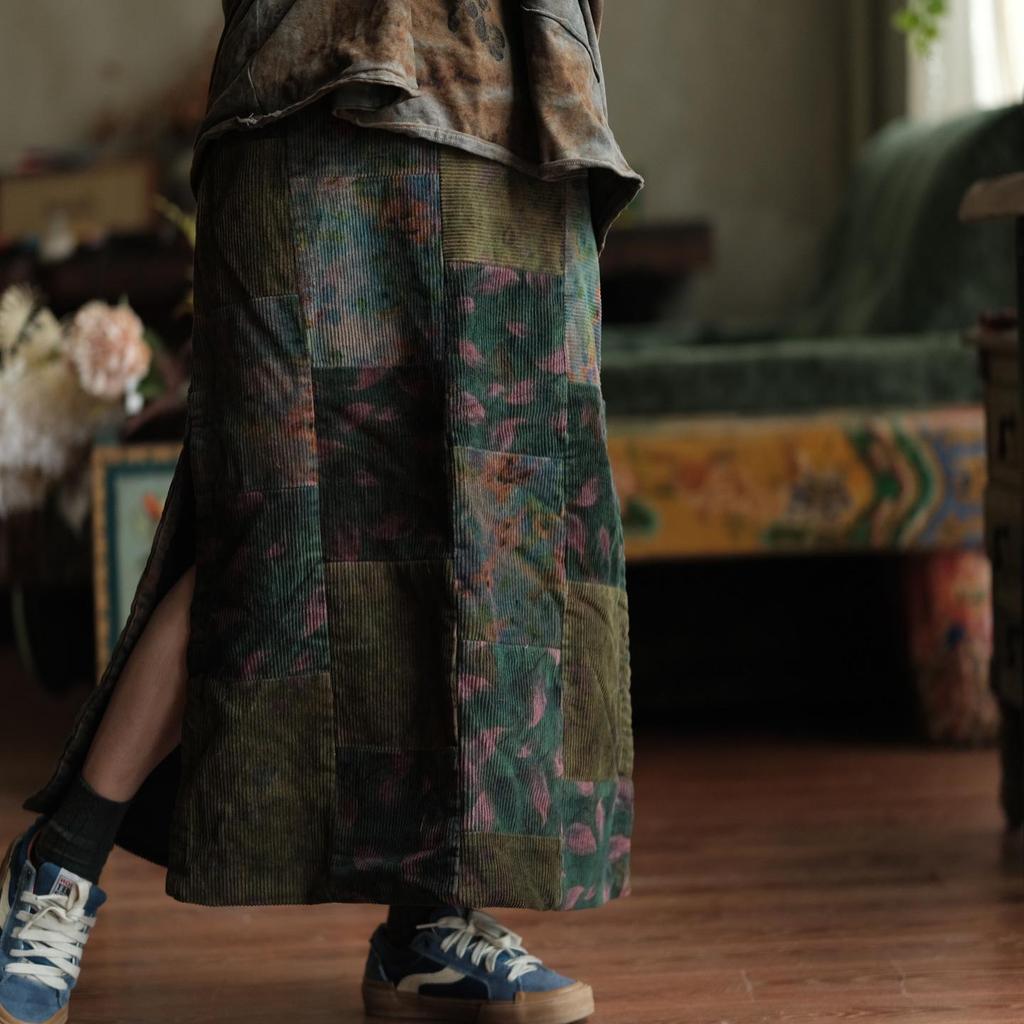 Luo Gu Ni Retro Artistic Corduroy Patchwork Skirt - Green
