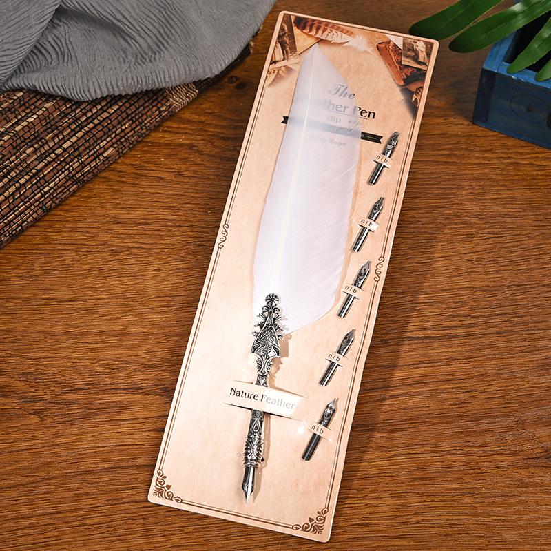1Pc New Feather Quill Dip Pen Set with 5 Replaceable Nibs Antique Style Fountain Pen for Calligraphy Wedding Gift