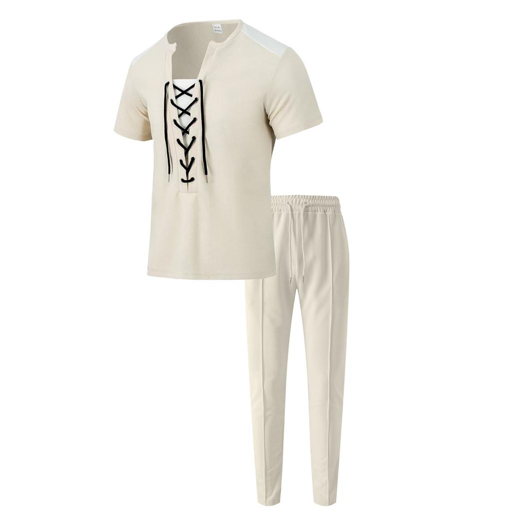 Men's Solid Color Round Neck Drawstring Casual Sports Short Sleeved Trousers Two Piece Suit