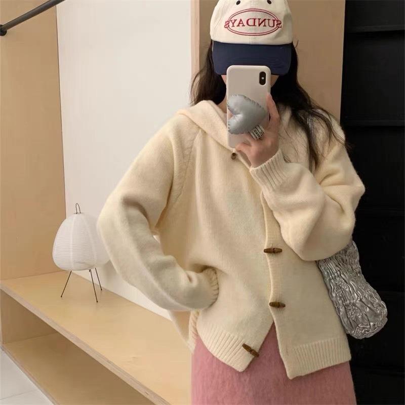 Autumn and winter new retro hooded horn buckle knitted cardigan women's soft waxy solid color loose age-reducing sweater jacket