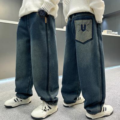 Kinderjeans Locker Gerade Hosen Weitbeinige Hosen für Jungen Frühling Herbst Kinder Denim Taschenhosen