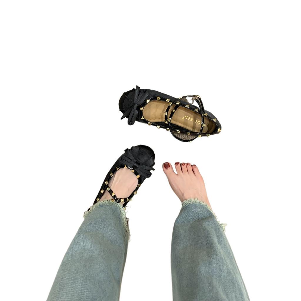 Xieyiren Fairy Rivet Ballet Shoes Girl 2025 Summer and Autumn New Bow Evening Wind Heightening Ladyshoes Single Shoes