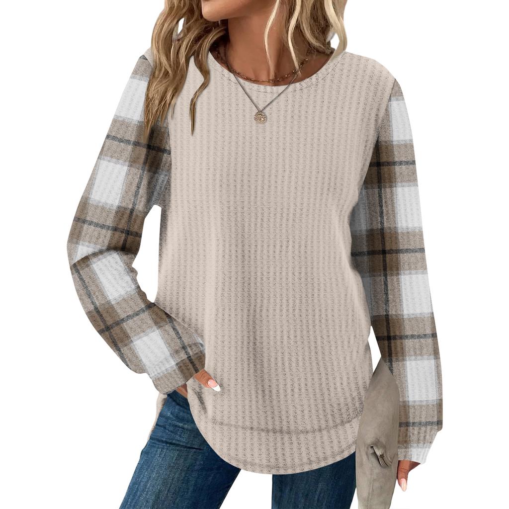 Women's Plaid Print Round Neck Long Sleeve Casual Loose Top
