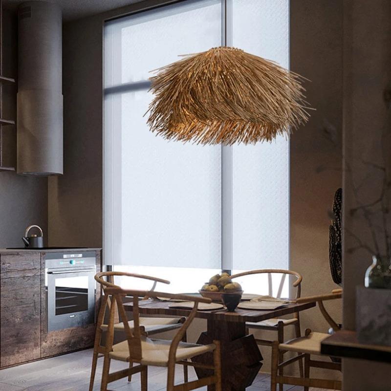 Hand Woven Rattan Hanging Lamp for Ceiling Shop Bar Grass Pendant Lights Living Room Chandelier Loft Room Decor Lustre LED
