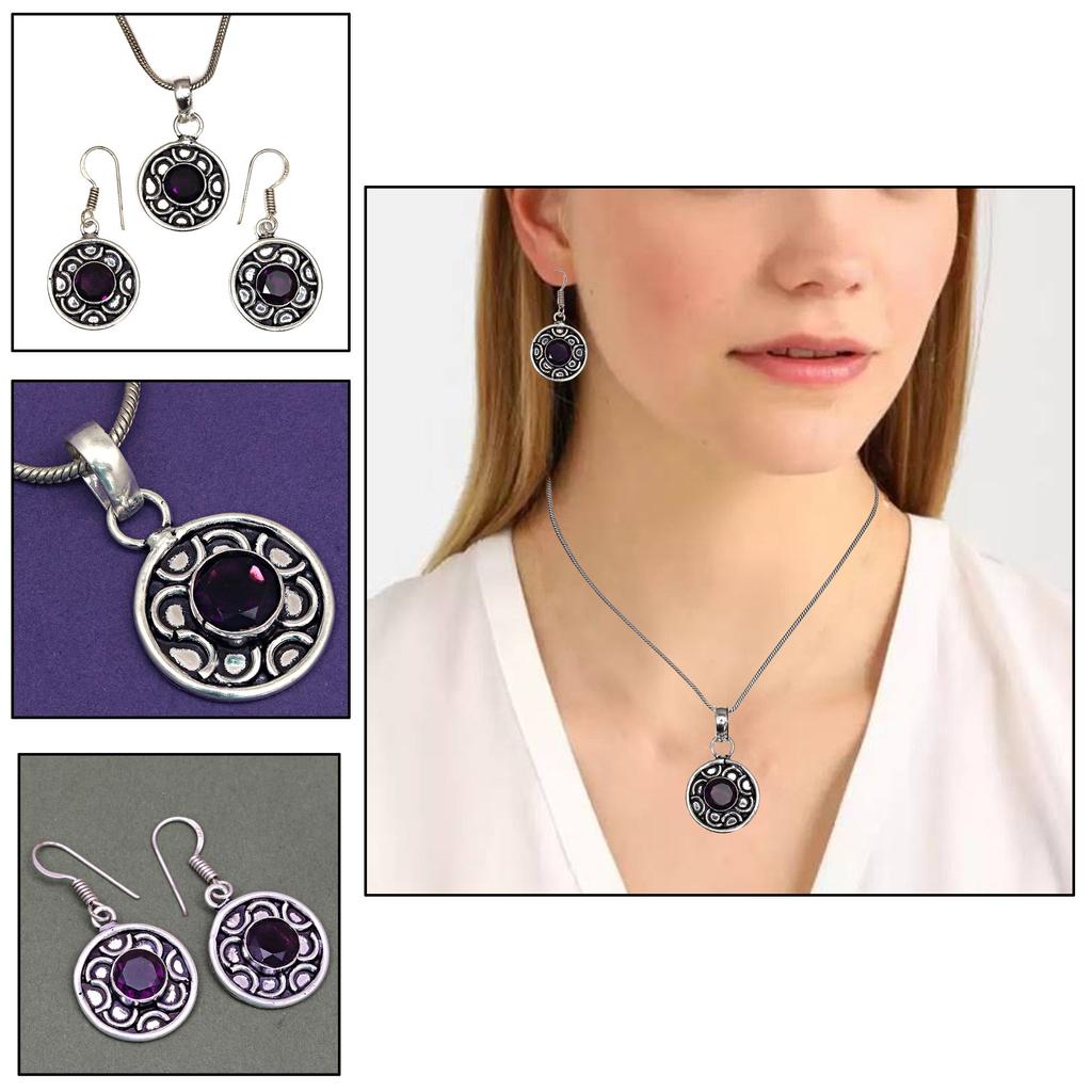 Set Amethyst Pendant Earrings Girls Earring Necklace Sterling