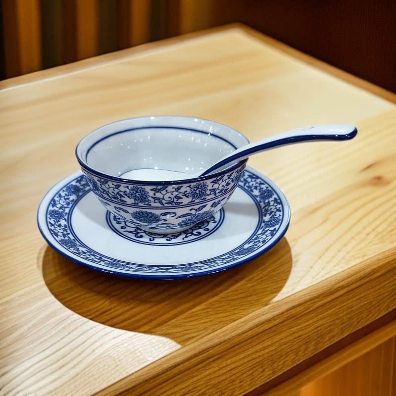 Blue & White Ceramic Tableware Set: Large 4-Piece with Rice and Small Soup Bowls, Plates for Farmhouse Dining.