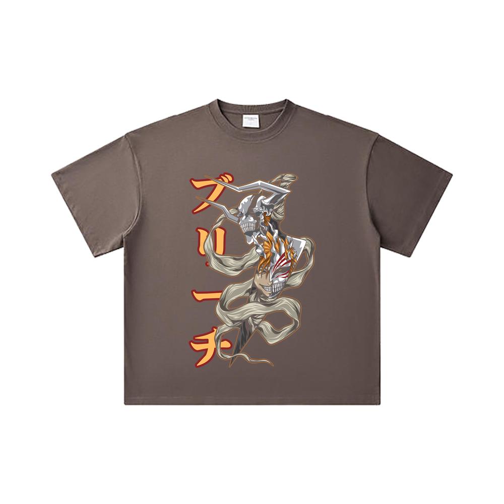 260 GSM Double Yarn 32 Count 100% Cotton Bleach V11 Zankpakuto Print Unisex Heavy Cotton T Shirt