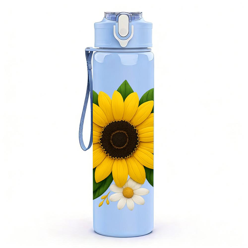1PC Bright Sunflower Bloom 750ml Color Plastic Sports Water Bottle Leakproof Flip Straw Lid For Sports Office Home Use