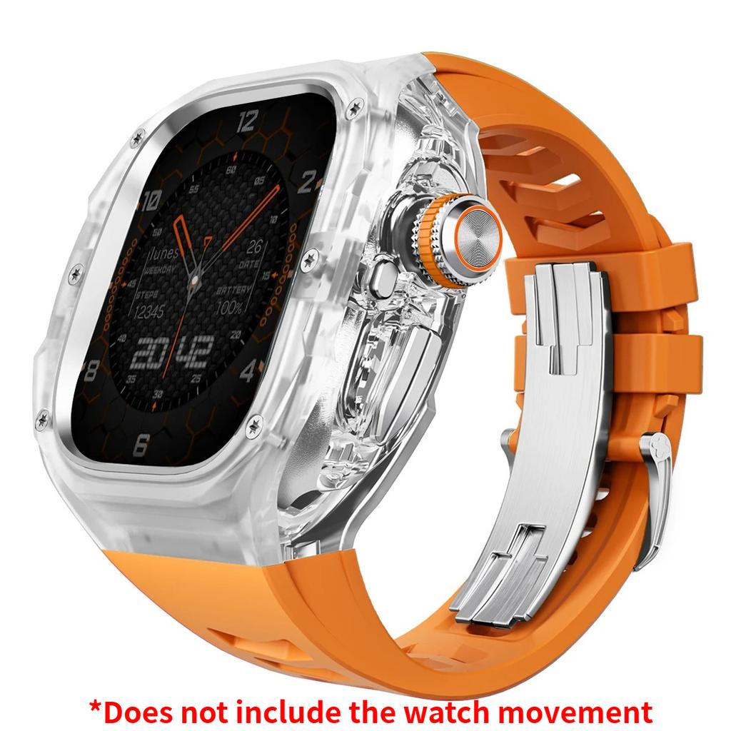 Prabangus modifikacijų rinkinys Apple watch Ultra 3/2/1 49mm Sportinis guminis dirželis+Dėklas Iwatch ultra 49mm Skaidrus Glacier dėklas Modifikavimo rinkinys