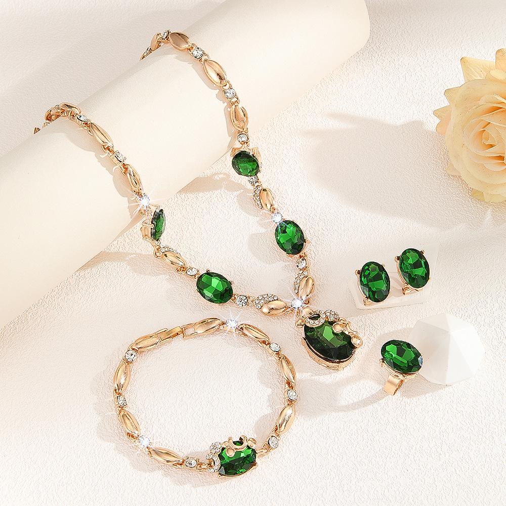 Exaggerated Diamond-set Green Oval Necklace Earrings Ring Bracelet Four-piece Jewelry