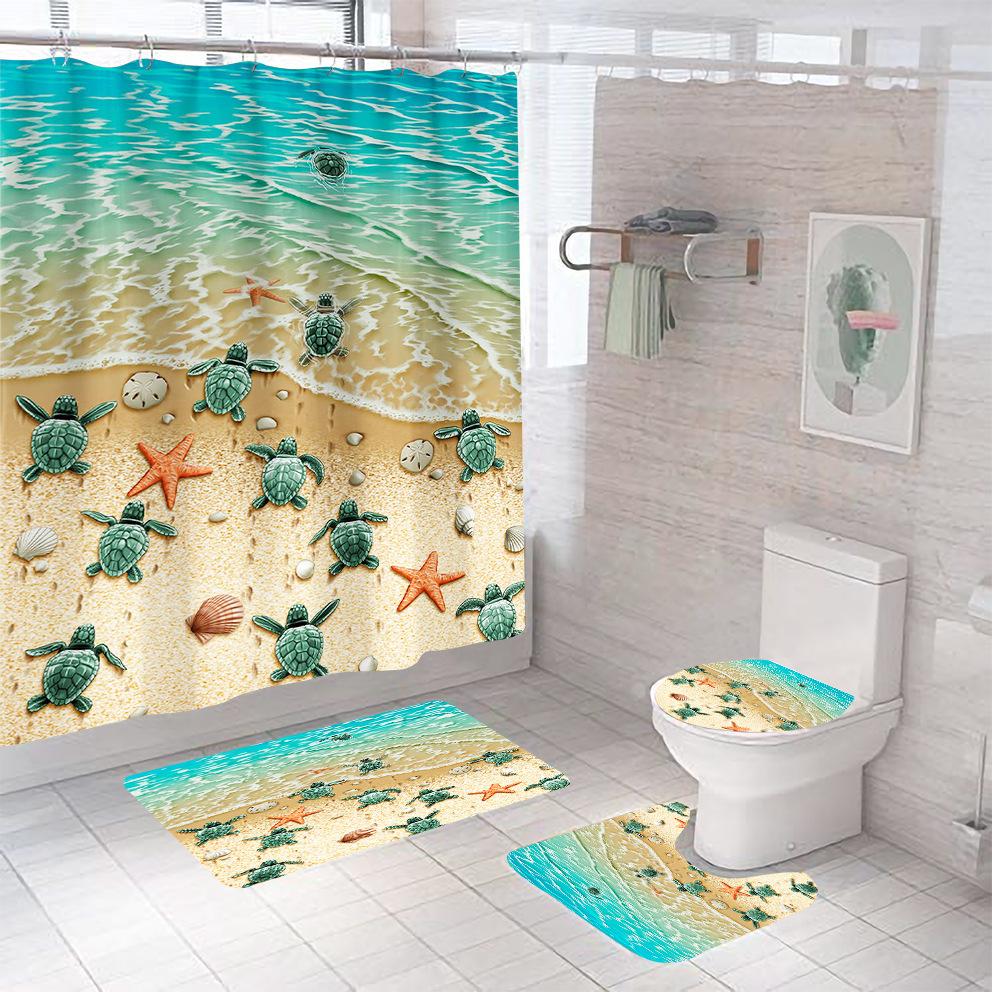Bathroom Shower Curtain Four-piece Digital Printing Sand Underwater World Waterproof Shower Curtain Shower Curtain Partition Curtain Bath Mat