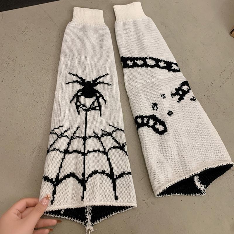 Harajuku Punk Spiderweb Knitted Leg Warmers Japanese Women Gothic Knee Length Long Socks Leggings Boot Cuffs Foot Covers