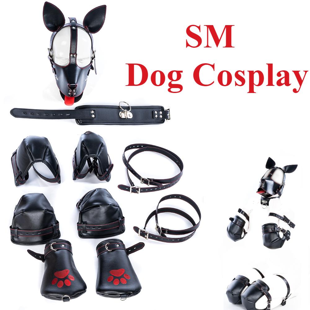 Dog Display Leather Bondage Kit Adjustable Choker Restrain Hand Foot Games Harness for Men Women Couples Game Sex Toys Set