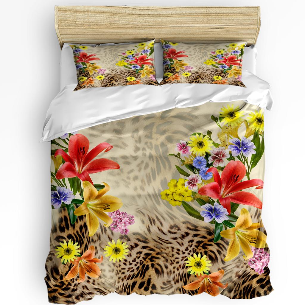 Flowers And Leopard Print Bedding Set 3pcs Boys Girls Duvet Cover Pillowcase Kids Adult Quilt Cover Double Bed Set Home Textile