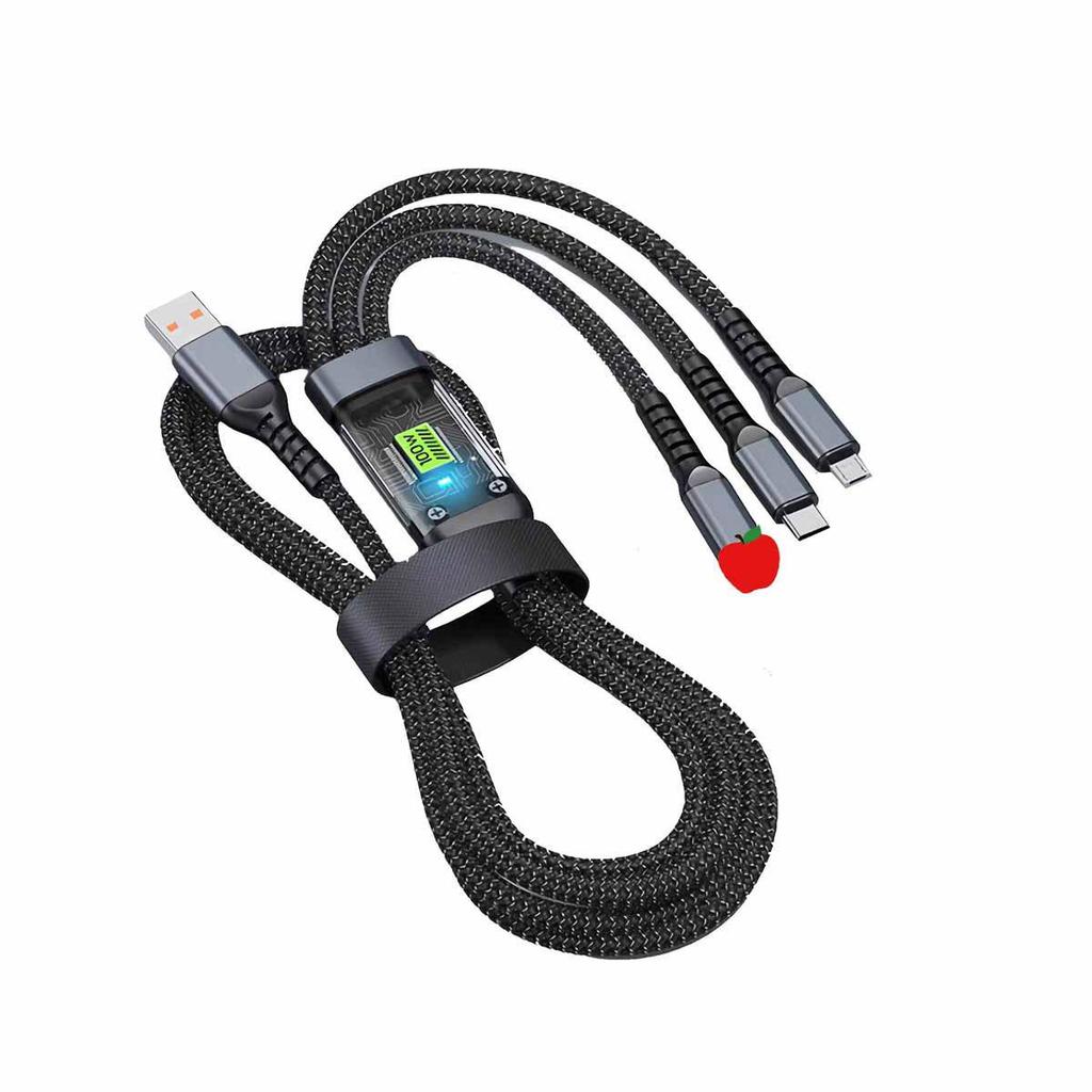 100W Triple-Device Fast Charging Cable for Apple, Huawei, and Android - Universal Car Charger