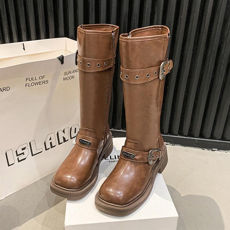 

Thick-soled brown Maillard locomotive rider boots women s shoes 2025 new spring, autumn and winter thin medium and long boots 35