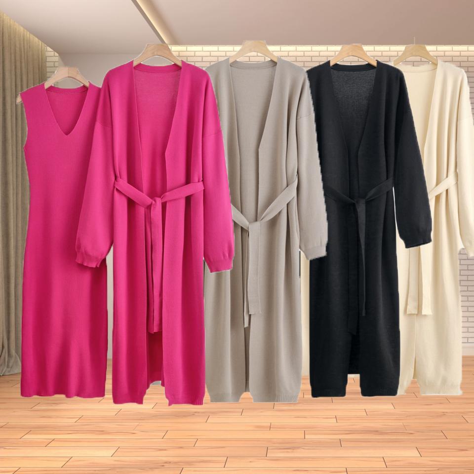 Autumn and Winter Lazy Loose Knitted Suit Women's Long Shawl Cardigan Dress Two-piece Set