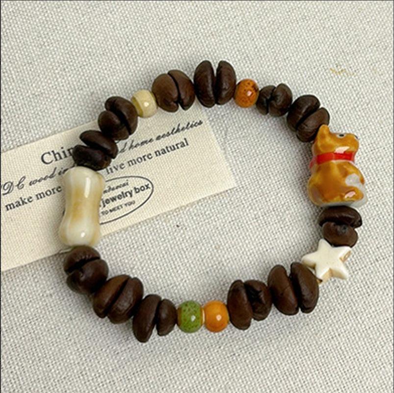 Genuine Coffee Bean Cat Paw Beaded Bracelet - Stylish Elastic Rope Couple Bangle