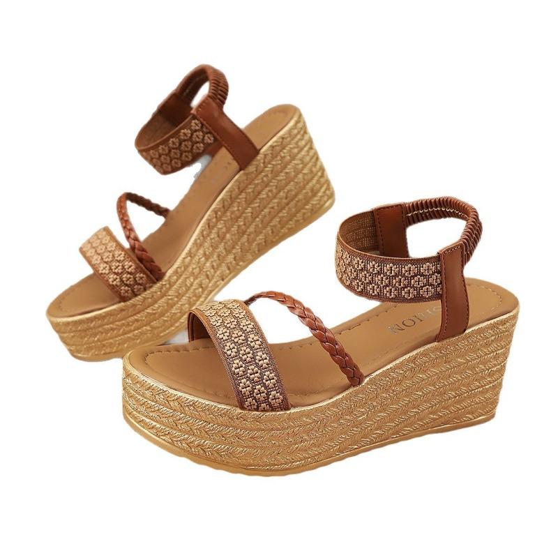 Large size apricot wedge heel thick sole heightening fashionable and comfortable casual waterproof table one-word buckle women's sandals