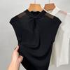 Ice Silk Sweater for Women New Style Stand Collar Button Sleeve T-shirt New Chinese Mesh Hollow Top