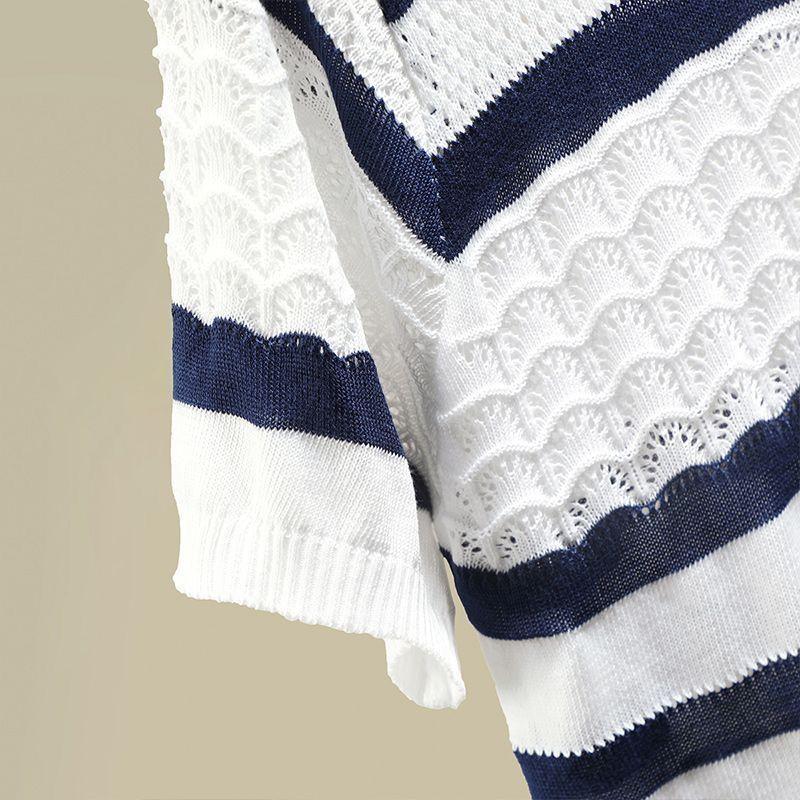 Summer Women's Round Neck Color Contrasting Thin Hollow Short Sleeve Knitted Shirt