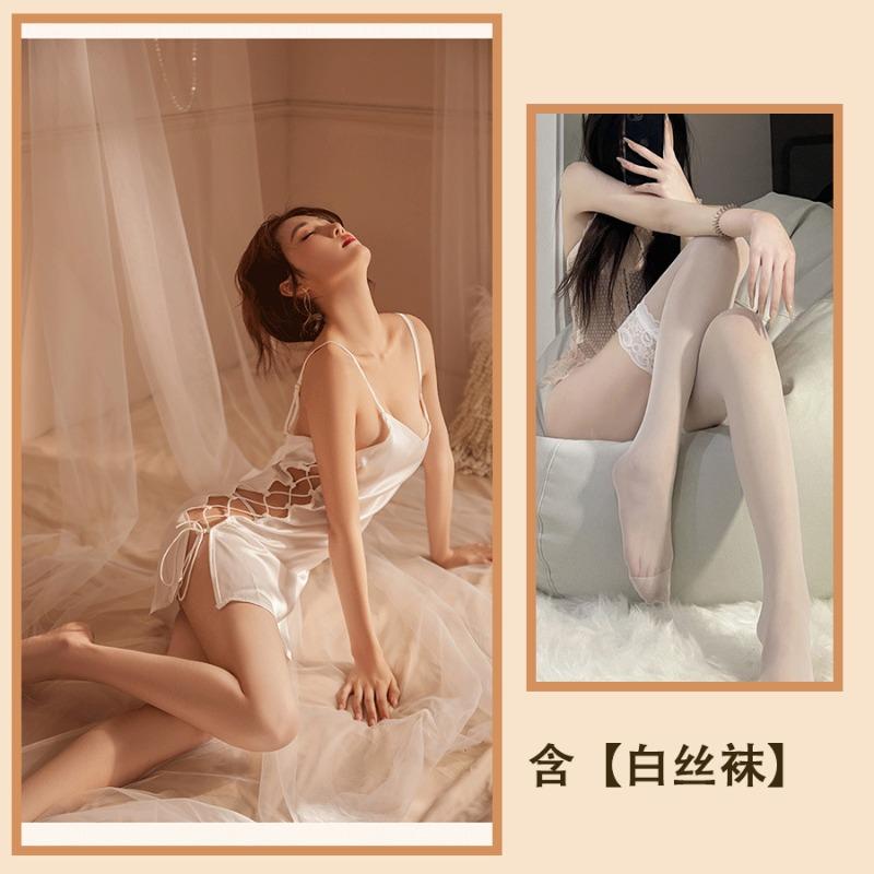 Dusk sexy underwear silky sexy pajamas women's side split-ended lace-up nightdress hot uniform home suit