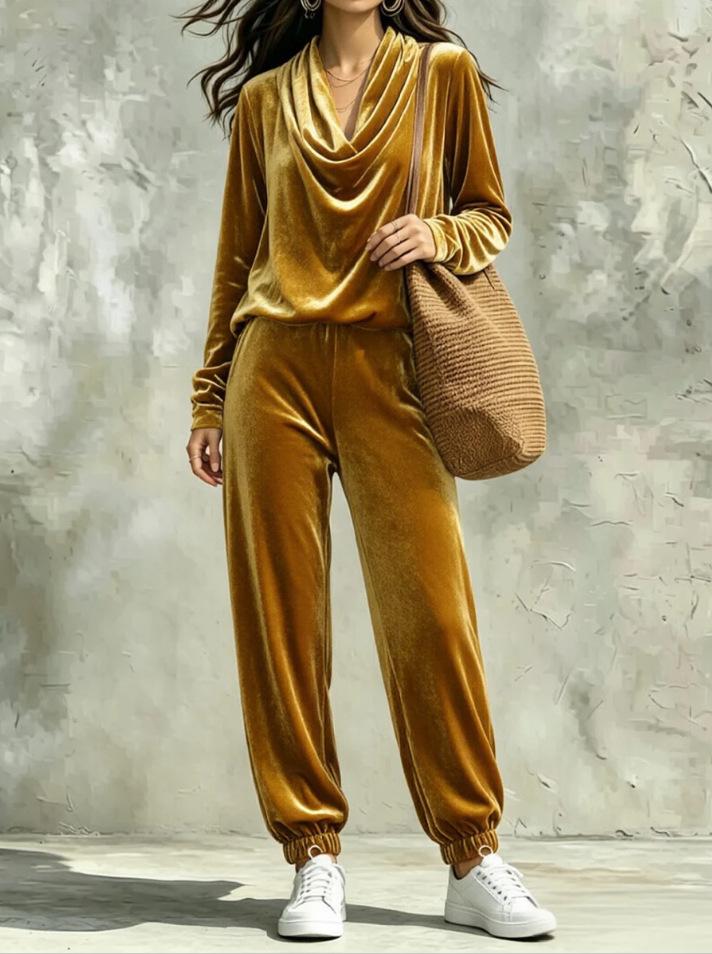 European and American women's clothing autumn and winter new swing neck gold velvet long-sleeved top corset sweatpants casual two-piece set