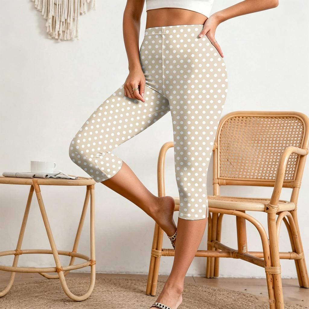 Women’s Elastic Waist Slim Fit Split Hem Capri Pants Casual Polka Dot Print Relaxed Style Lightweight Fabric