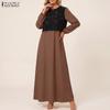 ZANZEA Women Hollow Splice Loose Casual Round Neck Long Sleeve Vintage Dress