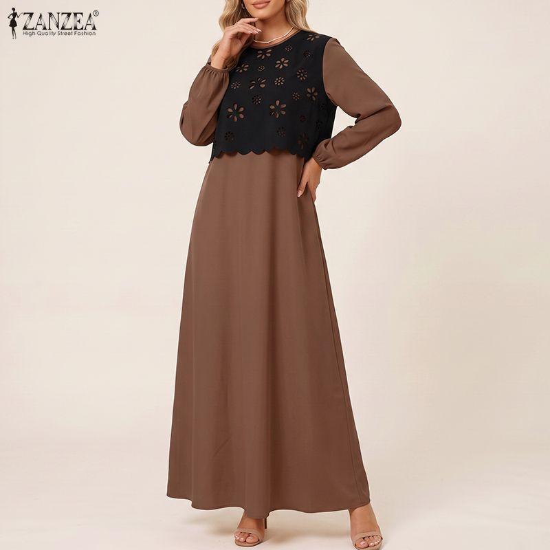 ZANZEA Women Hollow Splice Loose Casual Round Neck Long Sleeve Vintage Dress