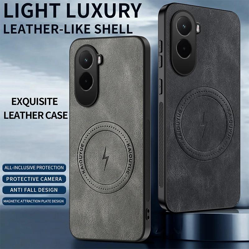Luxury Leather Texture Wireless Charging Magnetic Case For Xiaomi Poco M7 PocoM7 4G ShockProof Phone Cover