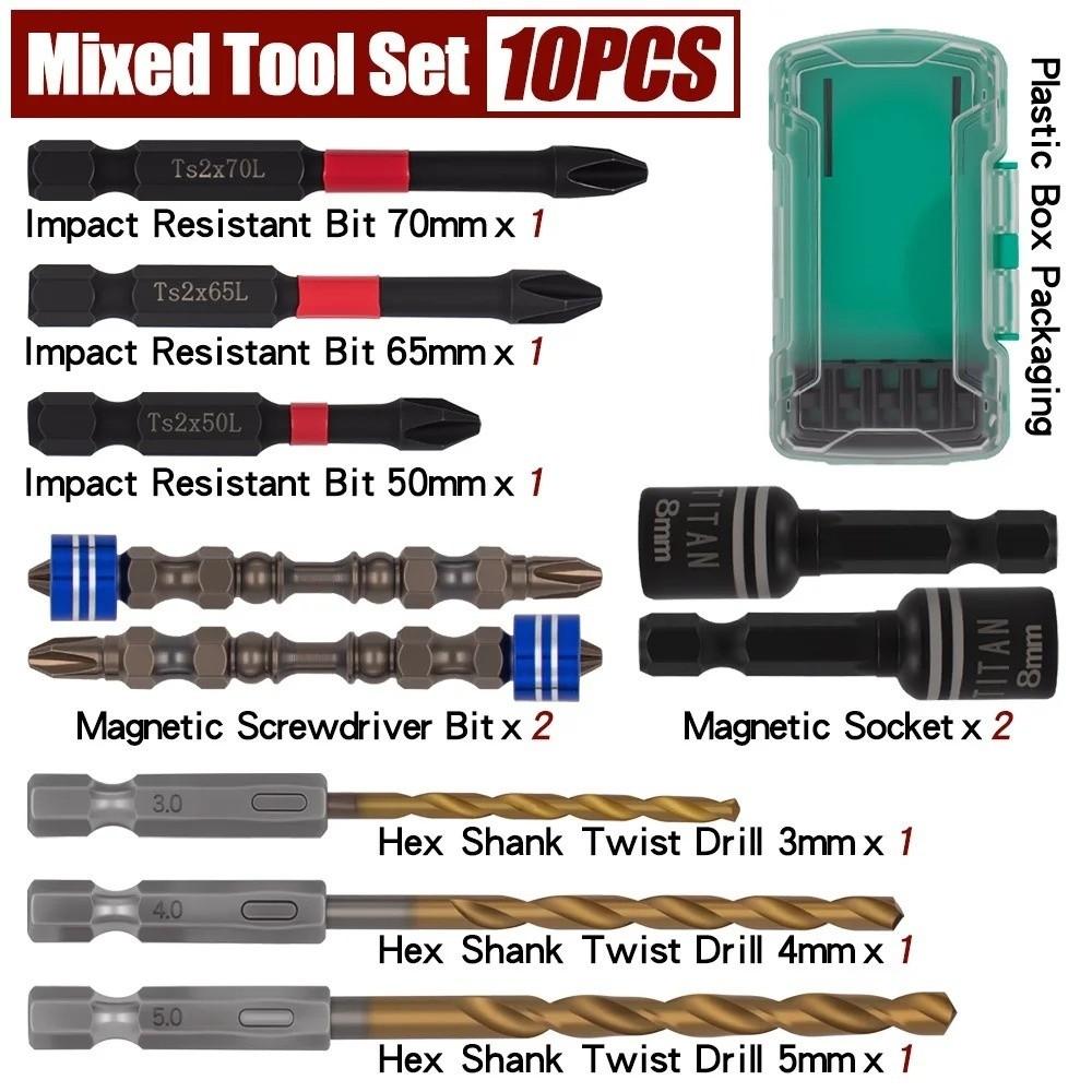 10Pcs/Set Impact Resistant Magnetic Drill Bit Set Magnetic Power Tools Kit Power Tools