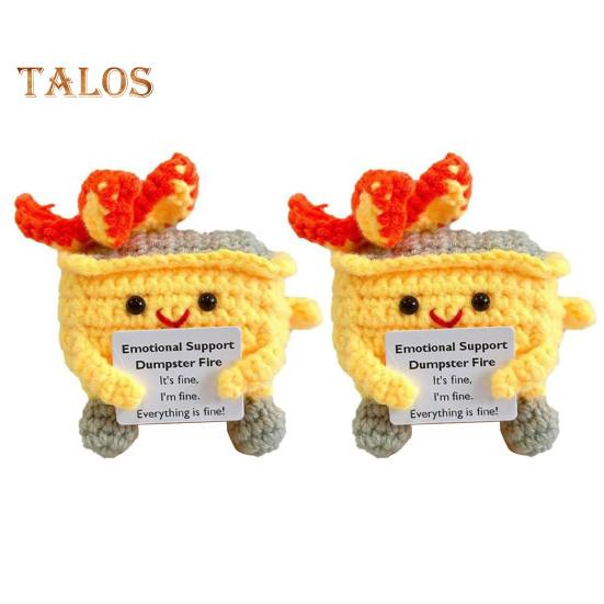 2Pcs Positive Crochet Flame Dumpster with Encouraging Card Emotional Support Handmade Knitting Trash Can Doll Decoration Ornament