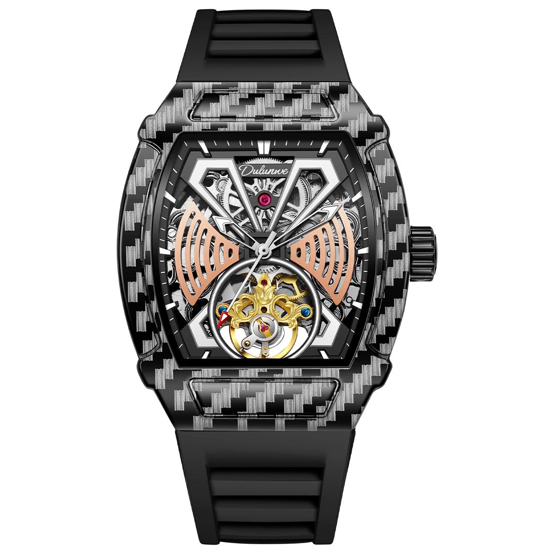 

Часы механические с турбийоном из углеродного волокна, циферблат в форме винной бочки, мужские водонепроницаемые, светящиеся, спортивные, подходят для модной уличной одежды чёрный