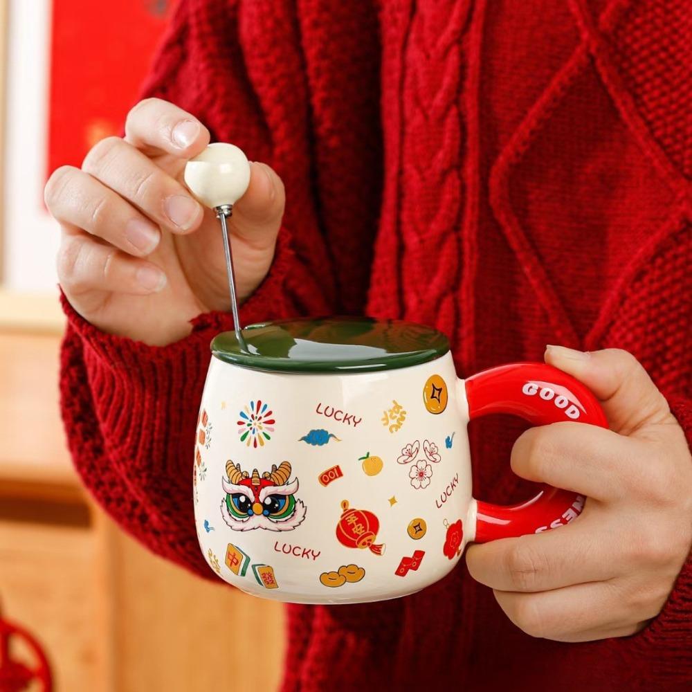 Creative New Year Mug Chinese Style Ceramic Water Cup with Lid Spoon Personalized Year of Dragon Cup Coffee Cup Souvenir