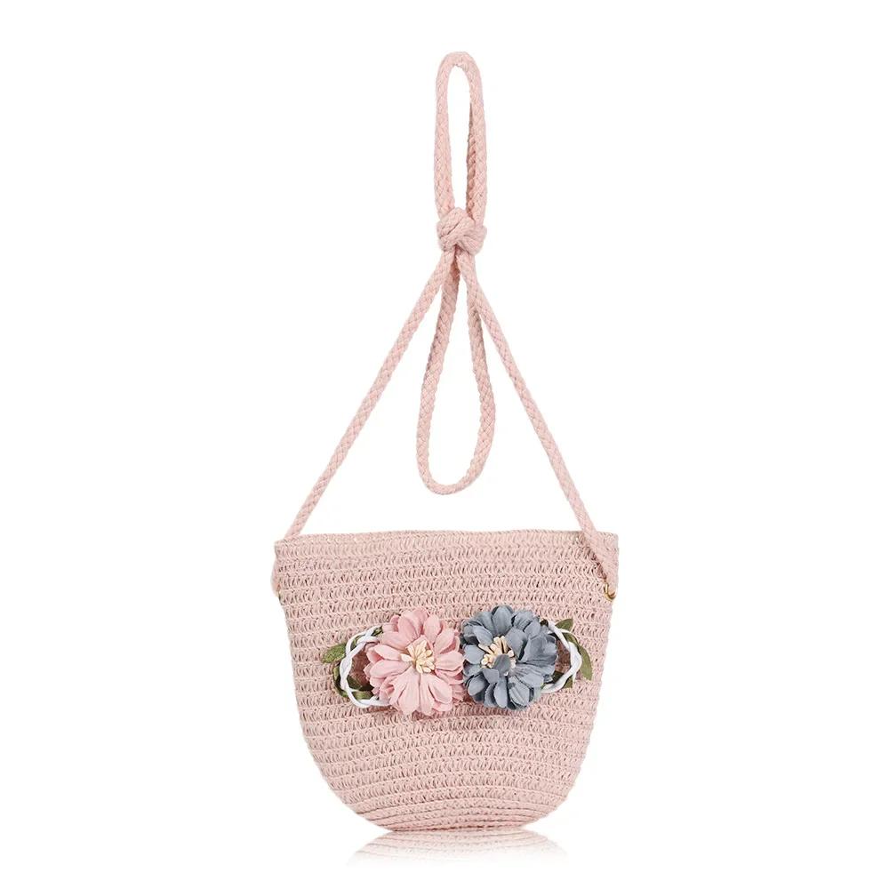New Summer Kids Flower Caps Bag Girl Sandy Beach Hat Baby Coin Cute Weave Straw Purse Children's Messenger Backpack